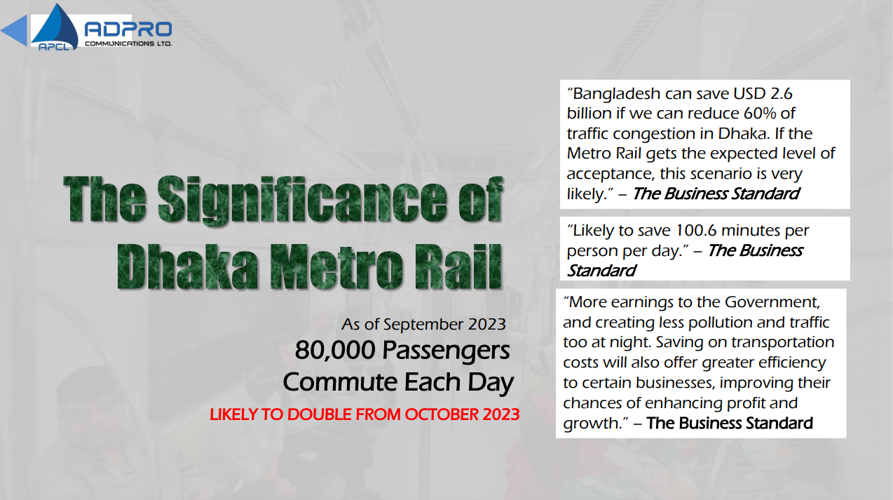 Dhaka Metro Rail
Bangladesh Metro Rail
Metro Rail Advertising
Metro Rail Branding
Mass Rapid Transit Bangladesh
Dhaka Mass Transit Company Limited (DMTCL)
Metrorail Advertising Agency
Metrorail Branding Agency
Metro Rail Advertising Contracts
Transit-Oriented Development (TOD) Bangladesh
Public Transport Advertising
Transit Advertising Strategies
Outdoor Advertising Bangladesh
Metro Rail Ad Spaces
Interior Metro Advertising
Metro Rail Logo Design
Visual Branding Metro Rail
Aesthetic Public Transport Ads
Metro Station Signage Design
Advertising Revenue Metro Rail
Non-Rail Business Strategies DMTCL
Commuter Experience Marketing
Sustainable Transit Advertising
Passenger Engagement Strategies
Brand Visibility in Public Transit
Marketing in Urban Transit Systems
Advertising Overload in Public Transport
What is Dhaka Metro Rail and how does it operate?
History and development of Dhaka Metro Rail system
Current status of Dhaka Metro Rail construction
Dhaka Metro Rail routes and stations map
Impact of Dhaka Metro Rail on traffic congestion in Dhaka
Metro Rail advertising opportunities in Dhaka
How to advertise on Dhaka Metro Rail?
Cost of advertising in Dhaka Metro Rail system
Best practices for advertising in public transport like Dhaka Metro
Examples of successful advertising campaigns on Dhaka Metro Rail
Branding strategies for Dhaka Metro Rail
Visual branding guidelines for metro rail advertising
Challenges of branding in public transportation systems in Bangladesh
How advertising affects passenger experience in Dhaka Metro Rail
The role of branding in enhancing the commuter experience on Dhaka Metro
Revenue generation through advertising in Dhaka Metro Rail
Financial sustainability of Dhaka Metro through non-fare revenue sources
Economic impact of advertising on public transport systems in Bangladesh
Comparative analysis of metro rail advertising revenue globally
Balancing aesthetics and advertising in the design of Dhaka Metro Rail
Public opinion on the visual appeal of advertisements in metro rail cars
How to maintain beauty while advertising in public transport environments?
Future plans for advertising expansion in Dhaka Metro Rail
Upcoming changes to the advertising strategy for Dhaka Metro Rail
Impact of new technologies on metro rail advertising in Bangladesh